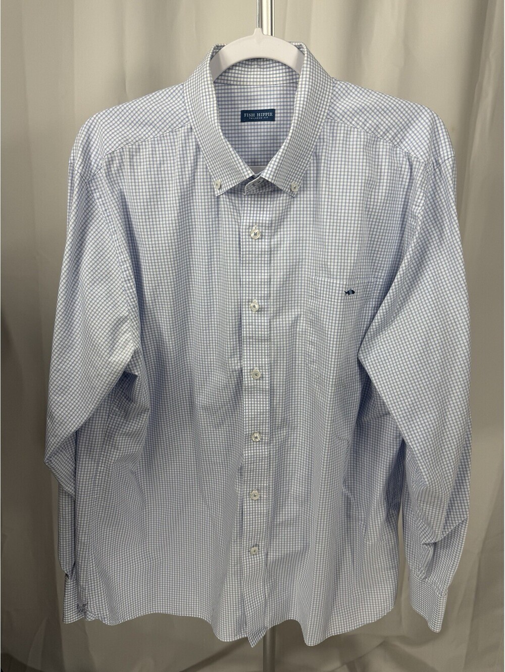 Fish Hippie Mens XL Tailored Fit Button Down Shirt Blue Gingham Stretch Preppy